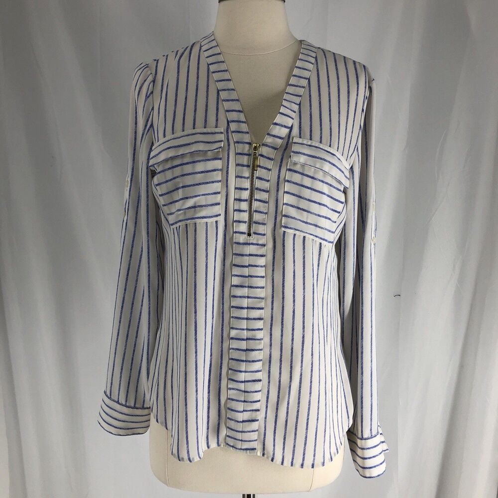 EXPRESS Portofino Shirt Blue White Vertical Stripe Blouse V-Neck 1/4 Zip Small